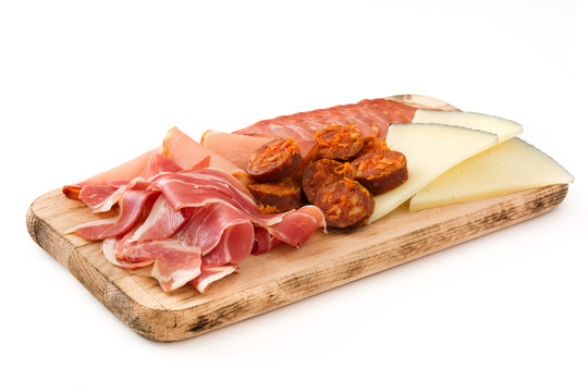 Spanish cold cuts (embutidos). Cheese, sausage and ham isolated on white background
