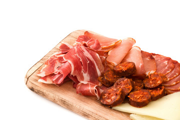 Spanish cold cuts (embutidos). Cheese, sausage and ham isolated on white background
