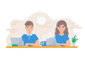 Vector illustration of man and woman working in office