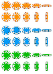 Cartoon collection of 3D colored casino chips, vector animation game rotation, set 2