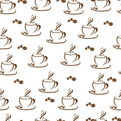 Seamless pattern from cups of coffee on a white background