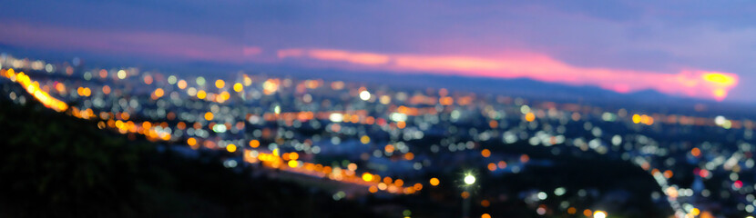 Panorama night city lights bokeh background