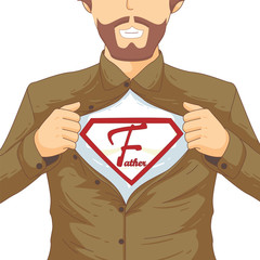 Happy fathers day flat conceptual illustration for greeting card or congratulations banner. Guy rips his shirt to show his chest. Vector illustration on white background. Place for an inscription