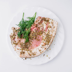 Meat with lard spicy on plate. Isolated