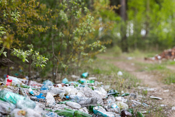 Garbage in landfill near forest - environment pollution.