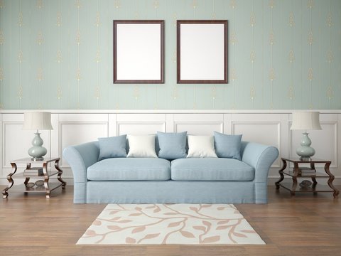 Mock up the living room in retro style against the background of the wallpaper.