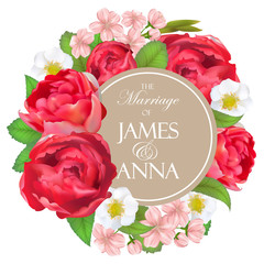 Luxury floral vector round frame with cherry flowers, peony rose, blooming strawberry, green plants. Pink, burgundy red and white flowers. Round shape bouquet. All elements are isolated and editable.