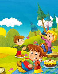 Obraz na płótnie Canvas cartoon scene with children having fun in the mountains