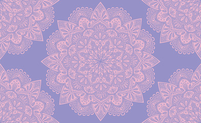 Elegant purple and pink mandala seamless pattern design. Perfect for backgrounds and wallpaper designs. Vector illustration.