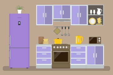 Modern kitchen in a purple color. There is a kitchen furniture, a stove, a refrigerator, a microwave, a kettle and other objects in the picture. Vector flat illustration.