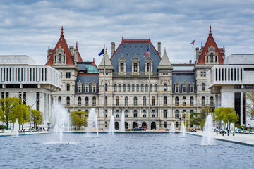 Fountains and the exterior of the New York State Capitol, in Albany, New York.