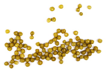 Boiled green peas isolated on white background, top view