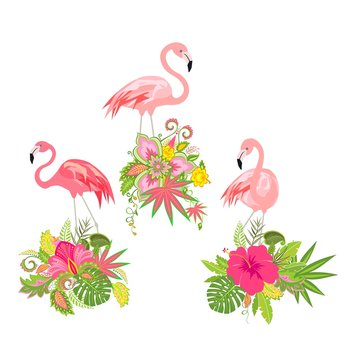 Beautiful floral design with exotic flowers and pink flamingo