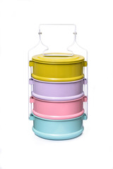 Colorful tiffin, food carrier isolate on white background