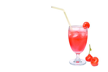Fresh rose apple juice with ice cubes in glass, isolate on white background