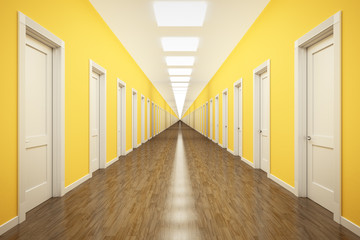 an endless corridor with lots of white doors