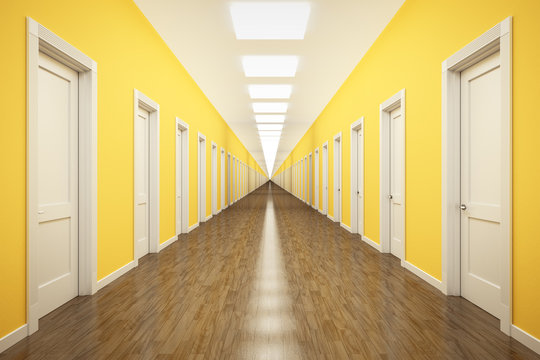 An Endless Corridor With Lots Of White Doors