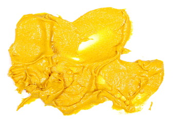 Naklejka na ściany i meble Yellow mustard sauce isolated on white background, top view