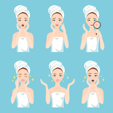 Before-After set of upset troubled and happy women with female facial skin problems needs to care about: acne, pimples
