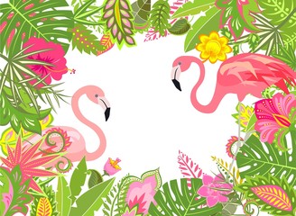 Summery holiday frame with exotic leaves, lily and pink flamingo