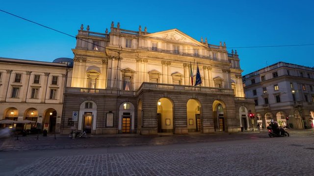 La Scala Theater (opera house) in Milan, Italy. Night view.