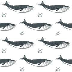 Nautical pattern with whales and hand wheels symbols.Vector illustration.