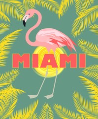 T-shirt print with Miami lettering, palm leaves, sun and pink flamingo Art deco style