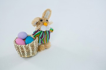 Basket with Easter eggs and toy Easter bunny