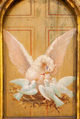 TOLEDO - MARCH 8: Pelican as symbol of Jesus Christ in side altar from church Iglesia de san Idefonso on March 8, 2013 in Toledo, Spain.