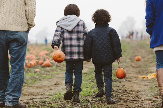 Low section of parents with sons walking on pumpkin patch during foggy weather