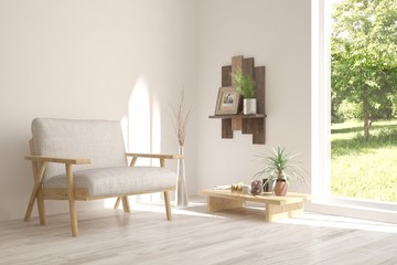 White room with armchair and green landscape in window. Scandinavian interior design. 3D illustration