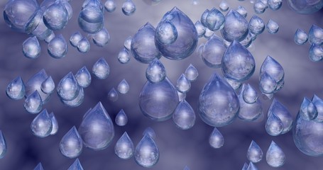 Many water drops falling against cloudy sky. 3d rendering