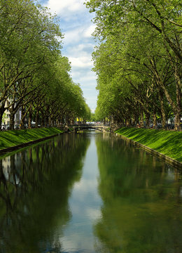Vertical view of summer bright historic trade avenue Koenigsallee (King's Avenue) Germany with canal in the middle, Dusseldorf, Germany