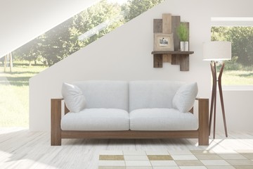 White room with sofa and green landscape in window. Scandinavian interior design. 3D illustration