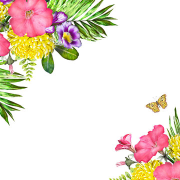 Tropical watercolor flowers. card with floral illustration. flowers isolated on white background. Leaf, butterfly and buds. Exotic composition for invitation