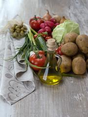 fresh vegetables on a wooden table. 