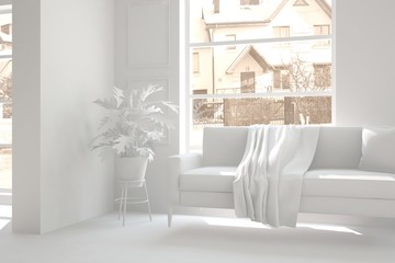 White room with sofa. Scandinavian interior design. 3D illustration