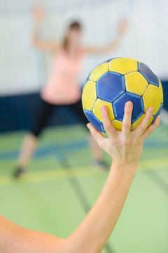 sportsman holding a ball against handball goal