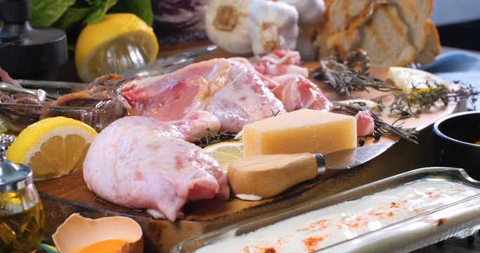 Dolly push in view of ingredients for a delicious Caesar's salad