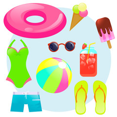 Summer set with rubber ring, ice cream, ice juice, ball, sunglasses, swimsuit and swimming trunks, 