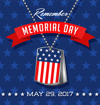Memorial Day card or banner design with soldier's dog tags, banner and flag