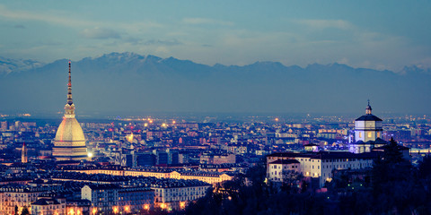 Fototapeta na wymiar Torino panorama with Mole Antonelliana and Monte dei Cappuccini vintage effect
