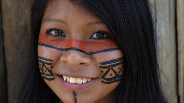 Closeup face of Native Brazilian Woman at an indigenous tribe in the Amazon