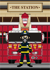 Cartoon Fireman and Fire Engine - 153586114