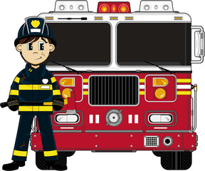 Cartoon Fireman and Fire Engine - 153588348