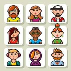Set of cartoon people avatars- face icons. Vector Isolated flat colorful illustration.