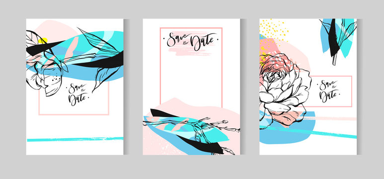 Hand drawn vector abstract creative unusual bohemian wedding save the date cards template collection set with graphic peony flowers in pastel colors.Boho Wedding,anniversary,birthday,party invitation