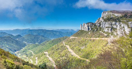 Fototapeta na wymiar French countryside. Col de Rousset: Panoramic view of the heights of the Vercors, the marly hills and the valley Val de Drome.
