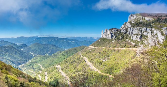 French countryside. Col de Rousset: Panoramic view of the heights of the Vercors, the marly hills and the valley Val de Drome.