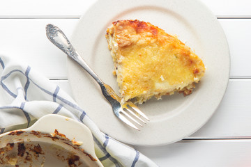 Lasagna with ricotta and béchamel sauce, soft focus, horizontal, top view
